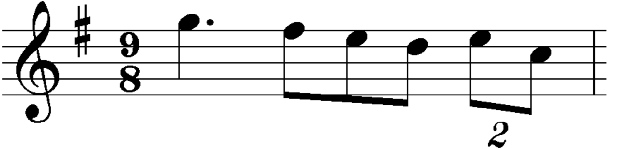 Music notation example showing a bar in compound time with dotted rhythms and duplet grouping for time signature conversion